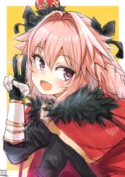 Rule 34 | 1boy, :d, astolfo (fate), black bow, black gloves, blush, bow, braid, cloak, commentary, crown, eyelashes, fang, fate/apocrypha, fate (series), fur-trimmed cloak, fur collar, fur trim, gauntlets, gloves, gold trim, hair between eyes, hair bow, hair intakes, hand up, head tilt, highres, juliet sleeves, long hair, long sleeves, looking at viewer, male focus, mini crown, nayuhi (yukimuu14), open mouth, outside border, parted bangs, pink hair, puffy sleeves, purple eyes, raised eyebrows, red cloak, signature, single braid, sketch, smile, solo, trap, upper body, v, yellow background