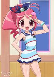 Rule 34 | 1girl, armpits, artist name, blue bow, bow, dated, dress, flat chest, food-themed hair ornament, hair ornament, highres, ice cream hair ornament, jewelpet (series), jewelpet kira deco!, nanaeljustice, oomiya pink, open mouth, outdoors, pink eyes, pink hair, sanrio, side ponytail, smile, solo, striped clothes, striped dress, thick thighs, thighs
