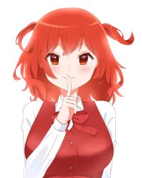 Rule 34 | 1girl, breasts, buttons, collared shirt, finger in own mouth, highres, long sleeves, looking at viewer, medium breasts, medium hair, messy hair, milll 77, okazaki yumemi, red eyes, red hair, red ribbon, red vest, ribbon, shirt, simple background, touhou, touhou (pc-98), upper body, vest, white background, white shirt