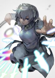 Rule 34 | 1girl, absurdres, apron, arms up, blue dress, blurry, braid, breasts, closed mouth, danmaku, depth of field, dress, from above, full body, grey hair, hair between eyes, hair ribbon, highres, izayoi sakuya, maid headdress, medium breasts, medium hair, nio (meple nio), perspective, reaching, reaching towards viewer, ribbon, serious, sidelighting, simple background, solo, touhou, tress ribbon, twin braids, waist apron, white background