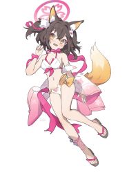 Rule 34 | 1girl, animal ear fluff, animal ears, arm up, bikini, blue archive, breasts, brown eyes, brown hair, cleavage, feet, fox ears, fox girl, fox tail, full body, highres, izuna (blue archive), navel, nemo (leafnight), sandals, short hair, side ponytail, simple background, small breasts, solo, swimsuit, tail, thighs, toes, white background, white bikini