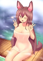 Rule 34 | 1girl, animal ears, artist name, bare arms, bare shoulders, blush, breasts, brown hair, cleavage, collarbone, commentary, double v, fang, feet out of frame, hair between eyes, hands up, heart, imaizumi kagerou, kazukoto, large breasts, long hair, looking at viewer, naked towel, one eye closed, onsen, open mouth, red eyes, revision, sitting, solo, spoken heart, steam, tail, thighs, touhou, towel, v, very long hair, wolf ears, wolf tail