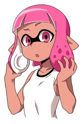 Rule 34 | 1girl, anbe masahiro, blunt bangs, commentary, inkling, inkling girl, inkling player character, looking at viewer, nintendo, parted lips, pink eyes, pink hair, playing with own hair, pointy ears, shirt, short hair, simple background, sleeveless, sleeveless shirt, solo, splatoon (series), splatoon 2, standing, tan, tentacle hair, upper body, white background, white shirt