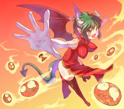 Rule 34 | 1girl, bad id, bad pixiv id, blush, breasts, china dress, chinese clothes, demon girl, draco centauros, dress, elbow gloves, flying, foreshortening, gloves, green hair, horns, large breasts, madou monogatari, midair, monster girl, pointy ears, puyo (puyopuyo), puyopuyo, skeleton t, solo, tail, takeda kanryuusai, thighhighs, wings, yellow eyes