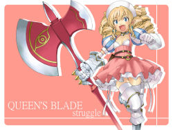 Rule 34 | axe, blue eyes, double bladed axe, dress, drill hair, dwarf, earrings, elbow gloves, fang, flat chest, gauntlets, gloves, hairband, happy, jewelry, nakamura yukitoshi, open mouth, pointy ears, queen&#039;s blade, thighhighs, wallpaper, weapon, ymir (queen&#039;s blade), zettai ryouiki