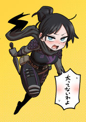 Rule 34 | 1girl, absurdres, animification, apex legends, black bodysuit, black hair, black scarf, blue eyes, blush, bodysuit, breasts, chibi, fang, floating scarf, hair bun, highres, holding, holding knife, hope&#039;s dusk (apex legends), knife, kunai, medium breasts, open mouth, scarf, shiromanta, single hair bun, solo, speech bubble, sweatdrop, translation request, v-shaped eyebrows, weapon, wraith (apex legends), yellow background
