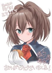 Rule 34 | 1girl, absurdres, ascot, blue eyes, brown hair, commentary request, cropped torso, flower, food, fruit, gloves, highres, kantai collection, long hair, looking at viewer, mashiro yukiya, military, military uniform, orange (fruit), red ascot, red flower, red rose, rose, sheffield (kancolle), simple background, solo, translation request, uniform, white background, white gloves