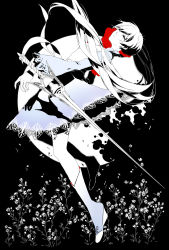 Rule 34 | 1girl, black background, blue dress, boots, closed eyes, commentary, dress, expressionless, flower, full body, highres, knee boots, long hair, ppportia, rwby, simple background, solo, spot color, sword, very long hair, weapon, weiss schnee