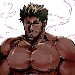 Rule 34 | 1boy, bara, beard stubble, dagon (housamo), dark-skinned male, dark skin, facial hair, fins, fish boy, grey hair, large pectorals, long sideburns, looking at viewer, male focus, mature male, muscular, muscular male, mustache stubble, nipples, noramoso, nude, pectorals, short hair, sideburns, slit pupils, smile, solo, stubble, tentacles, thick eyebrows, tokyo houkago summoners, translation request, upper body, v-shaped eyebrows, white background