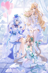 Rule 34 | 3girls, absurdres, alternate costume, animal ear fluff, animal ears, ankle bow, ankle ribbon, anklet, armlet, balloon, bare shoulders, barefoot, blonde hair, blue bow, blue bowtie, blue eyes, blue hair, bouquet, bow, bowtie, breasts, bridal gauntlets, bridal veil, brown hair, butterfly hair ornament, cat ears, cat girl, cat tail, closed mouth, collar, dated, detached collar, detached sleeves, dress, elbow gloves, facial tattoo, feet, flower, frills, full body, furina (genshin impact), genshin impact, gloves, green bow, green bowtie, green ribbon, hair bow, hair flower, hair ornament, hair ribbon, hat, high heels, highres, holding, holding bouquet, jewelry, large breasts, light blue hair, long hair, looking at flowers, lynette (genshin impact), miaogujun, multicolored hair, multiple girls, navia (genshin impact), on ground, pendant, pink flower, pink rose, purple eyes, ribbon, rose, short dress, short sleeves, signature, sitting, skirt, sleeveless, sleeveless dress, smile, star tattoo, strapless, strapless dress, streaked hair, tail, tattoo, thigh strap, thighhighs, toes, veil, very long hair, wariza, wedding dress, white collar, white dress, white footwear, white gloves, white hair, white skirt, white thighhighs, yellow flower, yellow rose, zettai ryouiki