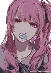Rule 34 | 1other, akira20211014, akiyama mizuki, black bow, bow, candy, collarbone, dated, food, food in mouth, highres, lollipop, long hair, looking at viewer, pink eyes, pink hair, portrait, project sekai, shaped lollipop, side ponytail, solo, twitter username, white background