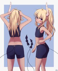 Rule 34 | 1girl, absurdres, ass, bike shorts, black shorts, blonde hair, blush, breasts, demon horns, demon tail, highres, horns, lilith (machikado mazoku), long hair, looking at viewer, machikado mazoku, midriff, multiple views, open mouth, pointy ears, ponytail, purple eyes, shorts, simple background, small breasts, smile, tail, white background, yunoppi