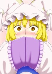 Rule 34 | 1girl, animal hat, blonde hair, blush, commentary request, covering face, embarrassed, hands in opposite sleeves, hands up, hat, long sleeves, looking at viewer, mob cap, nose blush, mob cap, pink background, poronegi, short hair, solo, sweatdrop, tabard, touhou, upper body, wide-eyed, yakumo ran, yellow eyes