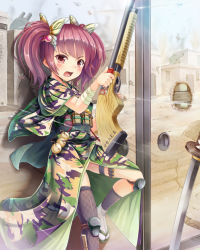 Rule 34 | 1girl, bandages, battle, projectile trail, butterfly hair ornament, gun, hair ornament, looking at viewer, noe noel, open mouth, original, red eyes, rifle, solo, sword, twintails, weapon