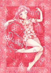 Rule 34 | 1girl, bare legs, barefoot, blush, bomhat, breasts, collarbone, commentary, english commentary, english text, food, food print, fruit, full body, long hair, looking at viewer, lying, midriff peek, on back, one eye closed, open mouth, original, oversized food, oversized object, pajamas, pink hair, print shirt, print shorts, shirt, short sleeves, shorts, small breasts, solo, strawberry, strawberry print, twintails