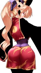 Rule 34 | 1girl, absurdres, alternate hairstyle, angry, ass, ass focus, back, black dress, black headwear, blonde hair, chinese clothes, cowboy shot, dress, from behind, gold trim, highres, hip focus, junko (touhou), kikoka (mizuumi), long hair, looking at viewer, looking back, phoenix crown, ponytail, purple sash, red eyes, red tabard, sash, simple background, solo, tabard, tassel, touhou, white background, wide sleeves