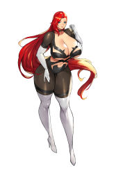 Rule 34 | 1girl, absurdres, asymmetrical bangs, blue eyes, bodysuit, boots, breasts, choker, clothing cutout, collarbone, elbow gloves, eyes visible through hair, full body, gloves, gurimjang, hand on own thigh, high heels, highres, large breasts, long hair, navel, original, red hair, revealing clothes, simple background, solo, stomach, swept bangs, thigh boots, thighhighs, thighs, white background, wide hips