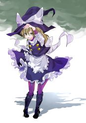 Rule 34 | 1girl, apron, black footwear, black hat, black skirt, black vest, blonde hair, boots, bow, buttons, commentary request, cross-laced footwear, frilled apron, frilled skirt, frills, full body, hair between eyes, hat, hat bow, highres, kirisame marisa, long hair, looking at viewer, pantyhose, purple pantyhose, shirt, skirt, skirt set, solo, touhou, turtleneck, vest, vivo (vivo sun 0222), waist apron, white apron, white bow, white shirt, witch hat, yellow eyes