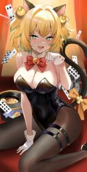 Rule 34 | + +, 1girl, animal ears, arms between legs, bell, black pantyhose, blonde hair, blue eyes, blush, bombergirl, bow, bowtie, breasts, card, cat ears, cat girl, cat tail, cleavage, clover-shaped pupils, coin, colored tips, commentary request, covered navel, detached collar, explosive, eyelashes, fangs, flower-shaped pupils, gloves, grenade, grenade hair ornament, hair intakes, hat, high heels, highres, large breasts, looking at viewer, mg omrc, multicolored hair, neck bell, open mouth, pantyhose, paw pose, pine (bombergirl), playing card, red bow, red bowtie, shiny clothes, short hair, sitting, smug, solo, symbol-shaped pupils, tail, tail bow, tail ornament, two-tone hair, unworn hat, unworn headwear, white gloves, yellow pupils