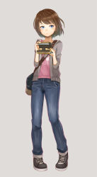 Rule 34 | 1girl, animification, blue eyes, bob cut, brown hair, camera, cardigan, denim, highres, jeans, life is strange, max caulfield, open cardigan, open clothes, pants, purea, short hair, simple background, solo
