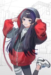 Rule 34 | 1girl, absurdres, black hair, black jacket, black leggings, blush, building, commentary request, cowboy shot, grin, hair over shoulder, highres, hood, hood grab, hood up, hooded jacket, jacket, kitou saji, leggings, long hair, long sleeves, looking at viewer, monochrome background, multicolored clothes, multicolored jacket, nijisanji, outdoors, partially colored, partially unzipped, power lines, puffy long sleeves, puffy sleeves, purple eyes, red jacket, shirt, shoes, smile, sneakers, solo, standing, standing on one leg, town, tsukino mito, tsukino mito (19th costume), turtleneck, turtleneck shirt, two-tone jacket, urban, utility pole, virtual youtuber, white background, white footwear, white shirt