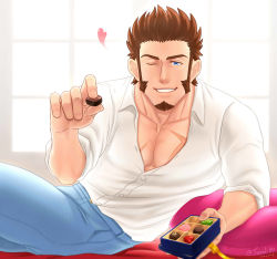 Rule 34 | 1boy, alternate costume, bara, blue eyes, brown hair, casual, denim, facial hair, fate/grand order, fate (series), feeding, feet out of frame, goatee, heart, highres, incoming gift, jeans, long sideburns, looking at viewer, male focus, mature male, muscular, muscular male, napoleon bonaparte (fate), open clothes, open shirt, pants, partially unbuttoned, pectoral cleavage, pectorals, pov, short hair, sideburns, smile, solo, suzuki80, valentine