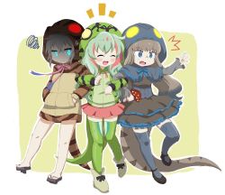 Rule 34 | 10s, 3girls, :/, :d, ^^^, ^ ^, ahoge, ankle boots, annoyed, aqua eyes, bare legs, beige background, beige boots, black dress, black footwear, black ribbon, blue hair, blue thighhighs, blush, bonnet, boomslang (kemono friends), boots, border, brown hair, capelet, clenched hands, closed eyes, corset, cross-laced clothes, d:, dot nose, dress, eyelashes, facing another, footwear ribbon, frilled capelet, frilled dress, frilled hat, frilled sleeves, frills, full body, geta, girl sandwich, glowing, glowing eyes, gothic lolita, gradient hair, gradient ribbon, green hair, green jacket, green legwear, grey hair, hands in pockets, happy, hat, hatching (texture), hood, hoodie, jacket, jitome, jpeg artifacts, kadoko, kemono friends, komodo dragon (kemono friends), komodo dragon tail, leg up, locked arms, lolita fashion, long hair, long sleeves, looking at another, looking away, looking to the side, mary janes, multicolored hair, multiple girls, mushroom, neck ribbon, open mouth, outline, pink hair, pink ribbon, pink skirt, pocket, poison mushroom, ribbon, sandwiched, shoes, sidelocks, skirt, smile, snake tail, squiggle, standing, standing on one leg, streaked hair, striped clothes, striped hoodie, striped tail, sweat, sweatdrop, tail, thighhighs, tsuchinoko (kemono friends), tsurime, turn pale, two-tone hair, underbust, wavy hair, white border, white outline, zettai ryouiki, |d