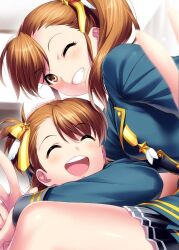 Rule 34 | 2girls, :d, ^ ^, blurry, blush, brown eyes, brown hair, close-up, closed eyes, commentary request, depth of field, eyelashes, eyes visible through hair, futami ami, futami mami, grin, hair between eyes, hair ornament, hair ribbon, idolmaster, idolmaster (classic), indoors, long hair, looking at viewer, multiple girls, one eye closed, one side up, open mouth, ponytail, ribbon, round teeth, short hair, siblings, sisters, smile, star (symbol), star hair ornament, teeth, twins, upper teeth only, yellow ribbon, zen (kamuro)