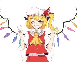 Rule 34 | 1girl, blonde hair, bow, buttons, collar, crystal, double v, flandre scarlet, hair between eyes, hands up, hat, hat ribbon, highres, looking at viewer, mob cap, multicolored wings, one eye closed, one side up, puffy short sleeves, puffy sleeves, red eyes, red ribbon, red skirt, red vest, ribbon, shirt, shokabatsuki, short hair, short sleeves, simple background, skirt, smile, solo, teeth, touhou, v, vest, white background, white bow, white collar, white hat, white shirt, white sleeves, wings, yellow neckwear