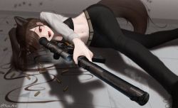 Rule 34 | 1girl, 9x39mm, absurdres, ammunition, animal ears, armor-piercing ammunition, belt, black pants, bra, brown hair, bullet casing, bullet hole, carbine, carbine cartridge, gun, hair over one eye, highres, integral suppressor, integrally-suppressed firearm, long sleeves, lying, midriff, military, military cartridge, on ground, on side, open clothes, open mouth, open shirt, original, pants, pdw cartridge, ponytail, red eyes, rifle, rifle cartridge, shadow, sharp teeth, shell casing, shirt, smile, sniper, sniper rifle, solo, subsonic ammunition, suppressor, tail, teeth, tile floor, tiles, tojo aoi, toz (tulsky oruzheiny zavod), tsniitochmash, tula arms plant, underwear, vss vintorez, weapon, white shirt, wolf ears, wolf tail