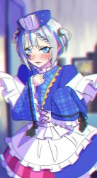 Rule 34 | 1girl, alternate costume, apron, bedroom, beret, black ribbon, blue hair, blue hat, blue kimono, blue skirt, blurry, blush, braid, chromatic aberration, collar, commentary request, cosplay, cowboy shot, crescent, crescent hair ornament, depth of field, embarrassed, frilled apron, frilled collar, frilled kimono, frilled skirt, frilled sleeves, frills, grey hair, hair ornament, hand on own chest, hat, heart stickers, highres, hina misora, hina misora (cosplay), indoors, japanese clothes, kimono, looking at viewer, maid, monitor, multicolored clothes, multicolored hair, multicolored skirt, off shoulder, oversized clothes, parted lips, pink skirt, plaid kimono, ribbon, ribbon-trimmed sleeves, ribbon trim, rurine luna, short hair, skirt, solo, spanish commentary, star sticker, sticker on face, streaked hair, striped clothes, striped skirt, trebas, two side up, vertical-striped clothes, vertical-striped skirt, virtual youtuber, wa maid, wactor production, white apron, wide sleeves