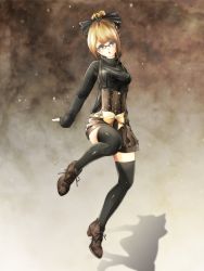 Rule 34 | 1girl, adapted costume, ankle boots, bad id, bad pixiv id, bespectacled, black thighhighs, blonde hair, boots, bow, breasts, brown background, brown footwear, casual, contemporary, covered erect nipples, cross-laced footwear, floating, full body, glasses, gradient background, hair bow, hair ribbon, high heel boots, high heels, highres, kurodani yamame, lace-up boots, laces, long sleeves, looking at viewer, open mouth, over-rim eyewear, ribbed sweater, ribbon, semi-rimless eyewear, shoes, short hair, sleeves past wrists, solo, steam, sweater, thighhighs, touhou, tsushima (kaikyo), turtleneck, zettai ryouiki