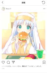 Rule 34 | 1girl, 6sb, alternate hair color, aqua eyes, blue hair, commentary request, drink, eating, fake screenshot, food, french fries, habit, burger, highres, index (toaru majutsu no index), instagram, long hair, looking at viewer, nun, open mouth, robe, round teeth, safety pin, solo, teeth, toaru majutsu no index, translation request, upper body, upper teeth only