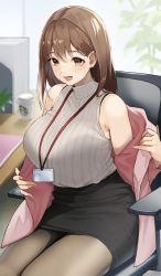 Rule 34 | 1girl, absurdres, bare shoulders, blurry, blurry background, blush, breasts, brown eyes, brown hair, chair, commentary request, cup, disposable cup, earrings, fingernails, highres, id card, indoors, jacket, jewelry, large breasts, long hair, mole, mole under eye, off shoulder, office lady, open mouth, original, pantyhose, pencil skirt, plant, simple background, skirt, sleeveless, smile, solo, udon (udonalium)