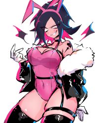 Rule 34 | animal ears, asymmetrical legwear, black hair, black jacket, breasts, cleavage, fake animal ears, fur-trimmed jacket, fur trim, gloves, grin, heart, highres, jacket, large breasts, leotard, medium hair, multicolored hair, navel, nene (newgrounds), newgrounds, open clothes, open jacket, pink hair, playboy bunny, rabbit ears, smile, thick thighs, thighs, usa37107692, white eyes, wide hips