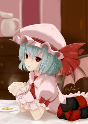 Rule 34 | 1girl, absurdres, artist name, ascot, bat wings, blue hair, brooch, chest of drawers, cookie, cup, dress, elbow rest, food, hat, highres, jewelry, looking at viewer, mob cap, open mouth, pillow, pink dress, puffy short sleeves, puffy sleeves, red eyes, remilia scarlet, short sleeves, slit pupils, solo, steam, touhou, will (nico will nico), wings, wrist cuffs