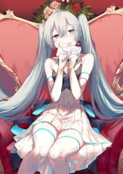 Rule 34 | 1girl, aqua hair, bare shoulders, blue eyes, blush, chair, covering own mouth, dress, elbow gloves, flower, gloves, hatsune miku, head tilt, highres, knees together feet apart, legs together, letter, long hair, looking at viewer, miku symphony (vocaloid), moegi0926, own hands together, rose, sitting, solo, thighhighs, twintails, very long hair, vocaloid, white dress, white gloves, white thighhighs
