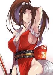 Rule 34 | 1girl, arm guards, armpits, bare shoulders, breasts, fatal fury, female focus, folded fan, folding fan, futabamidori, hand fan, high ponytail, highres, holding, holding fan, large breasts, long hair, looking at viewer, ninja, one eye closed, pelvic curtain, ponytail, revealing clothes, rope, shiranui mai, sideboob, smile, snk, solo, the king of fighters, the king of fighters xv, wink