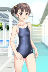 Rule 34 | 1girl, absurdres, black hair, black one-piece swimsuit, brown eyes, collarbone, commentary request, competition school swimsuit, contrapposto, covered navel, highres, indoors, one-piece swimsuit, open mouth, original, poolside, round teeth, school swimsuit, short hair, side ponytail, solo, stairs, standing, swimsuit, takafumi, teeth, upper teeth only, variant set