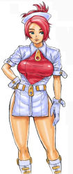 Rule 34 | 1girl, aqua eyes, arm at side, boots, breasts, buttons, closed mouth, dress, folded ponytail, garnet (the rumble fish), gloves, hand on own hip, hat, itou eito, knee boots, large breasts, legs apart, leotard, leotard under clothes, light smile, looking at viewer, nurse, nurse cap, open clothes, open dress, open shirt, pink hair, red hair, shirt, short dress, short hair, short sleeves, side slit, simple background, sketch, smile, solo, standing, the rumble fish, thighs, white background, white dress, white footwear, white gloves, white hat, zipper, zipper pull tab