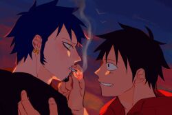 Rule 34 | 2boys, black hair, black hoodie, blush, cigarette, commentary request, demorzel, earrings, facial hair, goatee, highres, hood, hoodie, jacket, jewelry, looking at another, male focus, monkey d. luffy, mouth hold, multiple boys, one piece, outdoors, red jacket, scar, scar on face, short hair, smoke, smoking, teeth, trafalgar law, yaoi, yellow eyes
