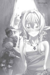 Rule 34 | 1boy, 1girl, arms behind back, artist name, blurry, blurry background, blush, breasts, closed mouth, collarbone, crossed arms, dress, flower, goblin slayer, goblin slayer!, greyscale, hair between eyes, hair flower, hair ornament, half-closed eyes, helmet, high elf archer (goblin slayer!), highres, indoors, jewelry, kannatsuki noboru, looking at viewer, monochrome, necklace, novel illustration, official art, pointy ears, shield, short hair with long locks, sidelocks, sleeveless, sleeveless dress, small breasts, smile, strapless, strapless dress