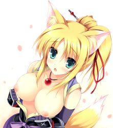 Rule 34 | 10s, 1girl, :o, animal ears, aqua eyes, bare shoulders, blonde hair, blush, breasts, dog days, fang, fingerless gloves, fox ears, fox tail, from above, gloves, green eyes, jewelry, large breasts, long hair, necklace, nipples, open clothes, open mouth, open shirt, petals, ponytail, shirt, solo, tail, tateha (marvelous grace), yukikaze panettone