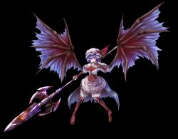 Rule 34 | absurdres, bat wings, black background, black theme, finger to mouth, floating, flying, hat, highres, holding, holding weapon, kushidama minaka, pointy ears, remilia scarlet, smile, embodiment of scarlet devil, touhou, weapon, wings
