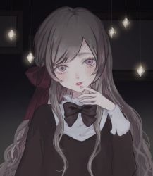 Rule 34 | 1girl, arm at side, arm up, black bow, black shirt, blush, bow, bowtie, brown hair, commentary, fingernails, hair ribbon, hand to own mouth, hanging light, head tilt, highres, light, long hair, long sleeves, looking at viewer, nail polish, original, p2 (uxjzz), pink nails, purple ribbon, red lips, ribbon, shirt, solo, swept bangs, symbol-only commentary