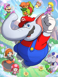 Rule 34 | 3girls, 6+boys, absurdres, black dress, blonde hair, blue overalls, blue toad (mario), blue vest, brown hair, bubble, blowing bubbles, bubble luigi, bubble peach, caterpillar, clenched hand, crown, day, dress, drill daisy, earrings, elbow gloves, elephant blue toad (mario), elephant mario, facial hair, fire toadette, gloves, gonzarez, goomba, goomba yellow toad (mario), grass, green overalls, hat, highres, inchworm pipe, jewelry, jumping, long hair, luigi, mario, mario (series), multiple boys, multiple girls, mustache, nabbit, nintendo, orange dress, outdoors, overalls, prince florian, princess daisy, princess peach, puffy short sleeves, puffy sleeves, purple dress, purple headwear, red headwear, red shirt, red vest, shirt, short hair, short sleeves, sphere earrings, super mario bros. wonder, talking flower (mario), toad (mario), toadette, two-tone dress, vest, warp pipe, white gloves, yellow toad (mario), yoshi