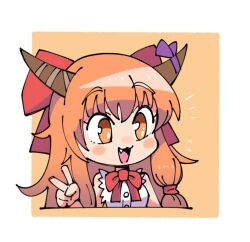 Rule 34 | 1girl, :3, blush, bow, bowtie, brown horns, commentary, cookie (touhou), fang, hair bow, horn ornament, horn ribbon, horns, ibuki suika, long hair, looking afar, medium bangs, notice lines, open mouth, orange background, orange eyes, orange hair, purple ribbon, red bow, red bowtie, ribbon, shirt, sidelocks, simple background, sleeveless, sleeveless shirt, smile, sn (zigzagspark6), solo, touhou, two-tone background, upper body, v, white background, white shirt, yamin (cookie)