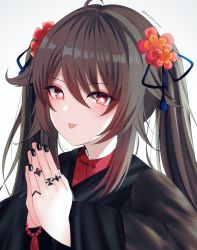 Rule 34 | 1girl, ahoge, bead bracelet, beads, black nails, blouse, bracelet, brown hair, collared shirt, flower, flower-shaped pupils, genshin impact, hair between eyes, hair flower, hair ornament, hu tao (genshin impact), jewelry, long hair, looking at viewer, marutaro, nail polish, own hands together, red eyes, red shirt, ring, robe, shirt, sidelocks, signature, symbol-shaped pupils, tongue, tongue out, twintails, upper body, white background