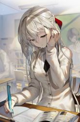 Rule 34 | 1girl, black necktie, book, braid, breasts, cardigan, chair, classroom, collared shirt, commentary request, desk, hair between eyes, hair ribbon, hand up, highres, holding, holding pen, indoors, long hair, long sleeves, looking away, medium breasts, necktie, open book, original, pen, puffy long sleeves, puffy sleeves, ribbon, school chair, school desk, school uniform, scottie (phantom2), shirt, silver hair, solo focus, very long hair, white cardigan, white shirt