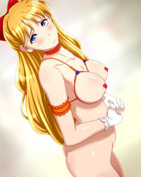 Rule 34 | 1girl, 286c, aino minako, armband, bishoujo senshi sailor moon, blonde hair, blue eyes, bottomless, bow, breastless clothes, breasts, choker, covered erect nipples, dutch angle, frown, gloves, hair bow, highres, large breasts, pasties, shiny skin, solo, white gloves